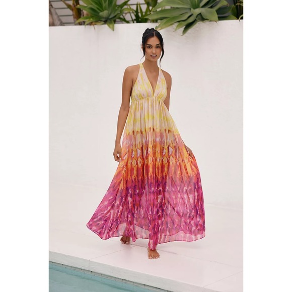 Anthropologie Dresses & Skirts - Anthropologie Yellow Pink Colorful Sleeveless Summer Semi-Sheer Maxi Dress Sz S